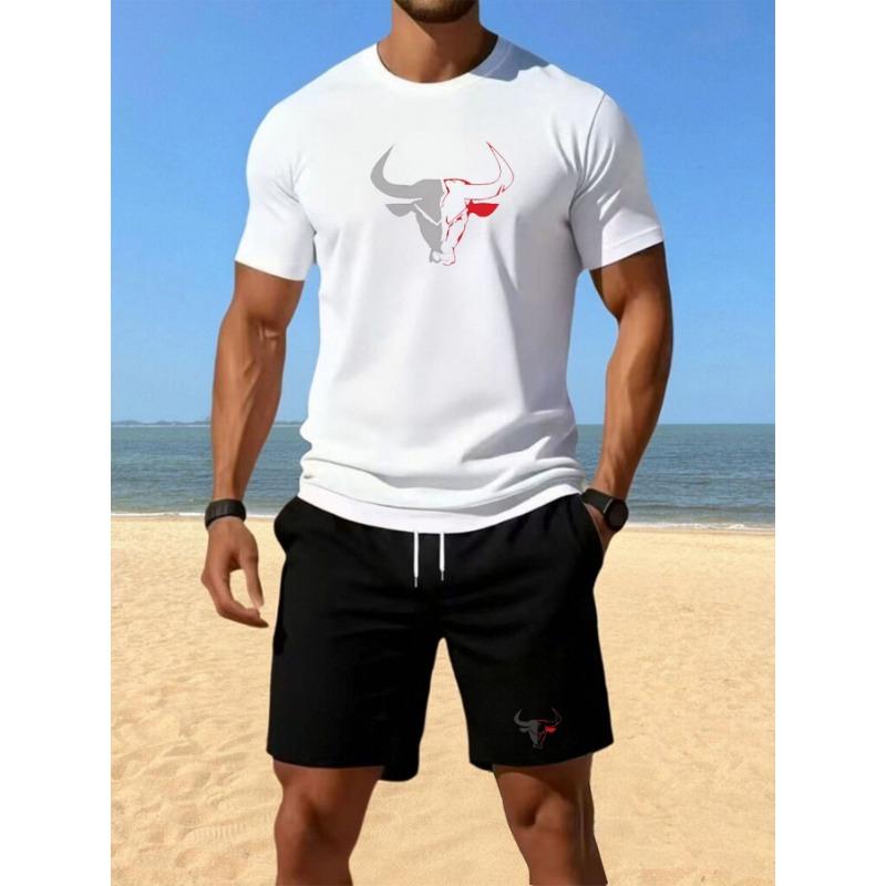 Modisches und einfaches Rundhals-T-Shirt für Herren, Kurzarm-Oberteil und Shorts mit Kordelzug, Zweiteiliges Set, Geeignet für legere Outdoor-Kleidung im Sommer