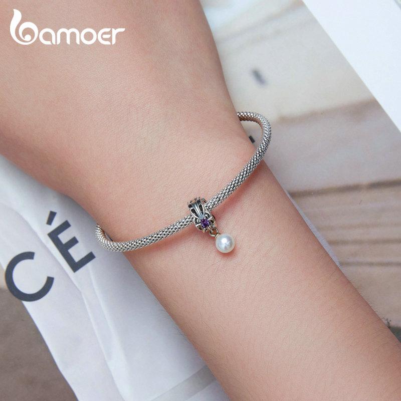 Bamoer 925 Sterling Sølv Vintage Tekstur Lilla Zirkonium Anheng passer Kvinner DIY Armbånd & Armring Perle Glansfulle Perle Charms