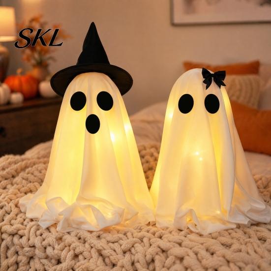 Saisonale Feiertagsdekoration Halloween Geist Dekoration, Leuchtend mit Hexenhut/Schleife, Dekoration Spukhaft Stehend für Veranda Hof Außenparty
