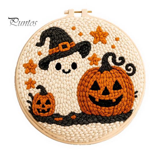 Holiday Gift for Craft Enthusiasts Halloween Punch Needle Kit, Pumpkin Ghost Kit with Complete Yarn Crafting Package Embroidery Hoop, Easy Art Project