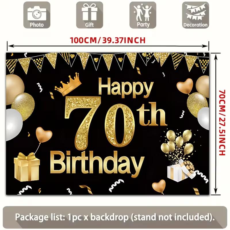 2D Black Gold 70th Birthday Backdrop for Men & Women Party Photoshoot