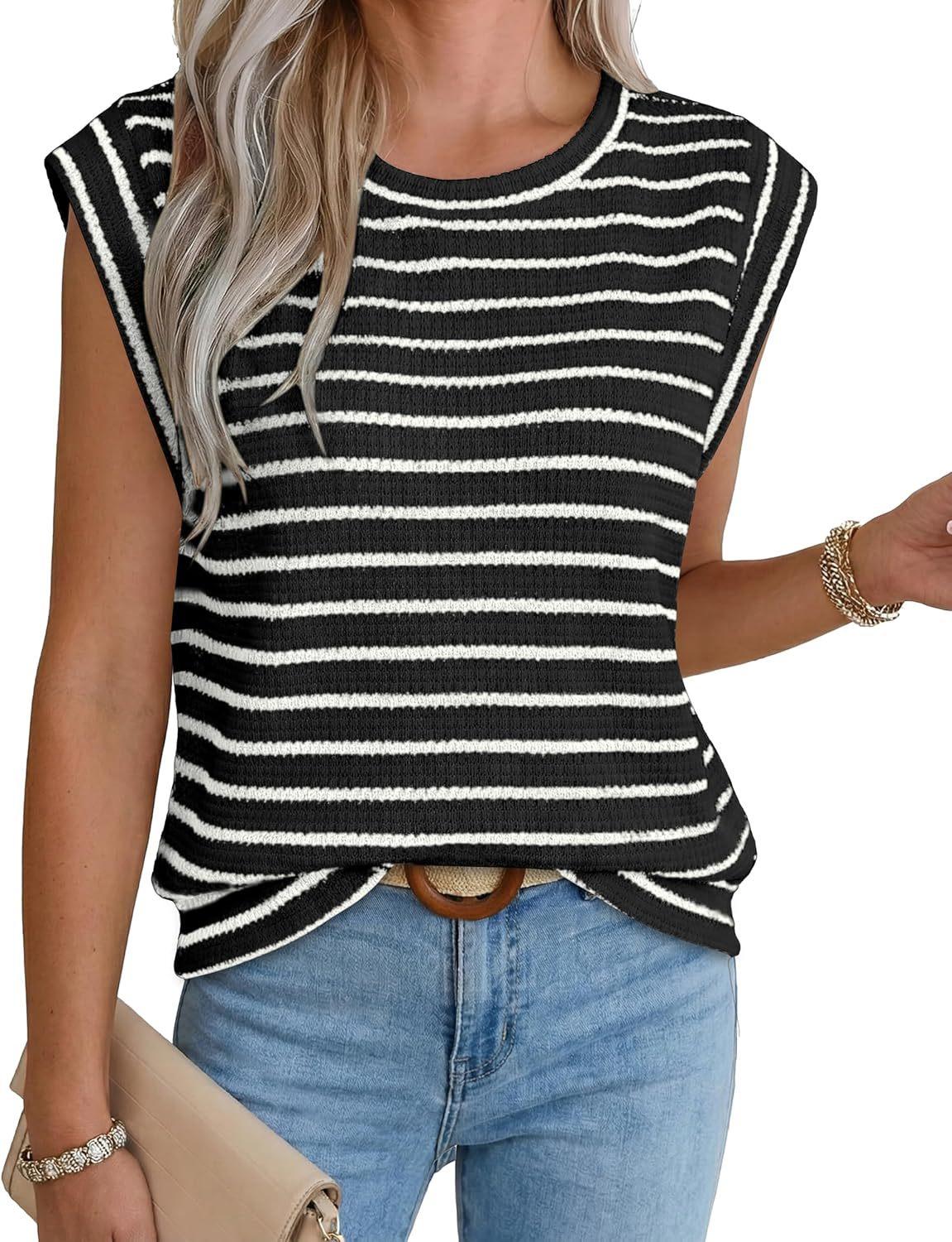Striped Knit Round Neck Loose Fit Three Quarter Sleeve Top S чёрный