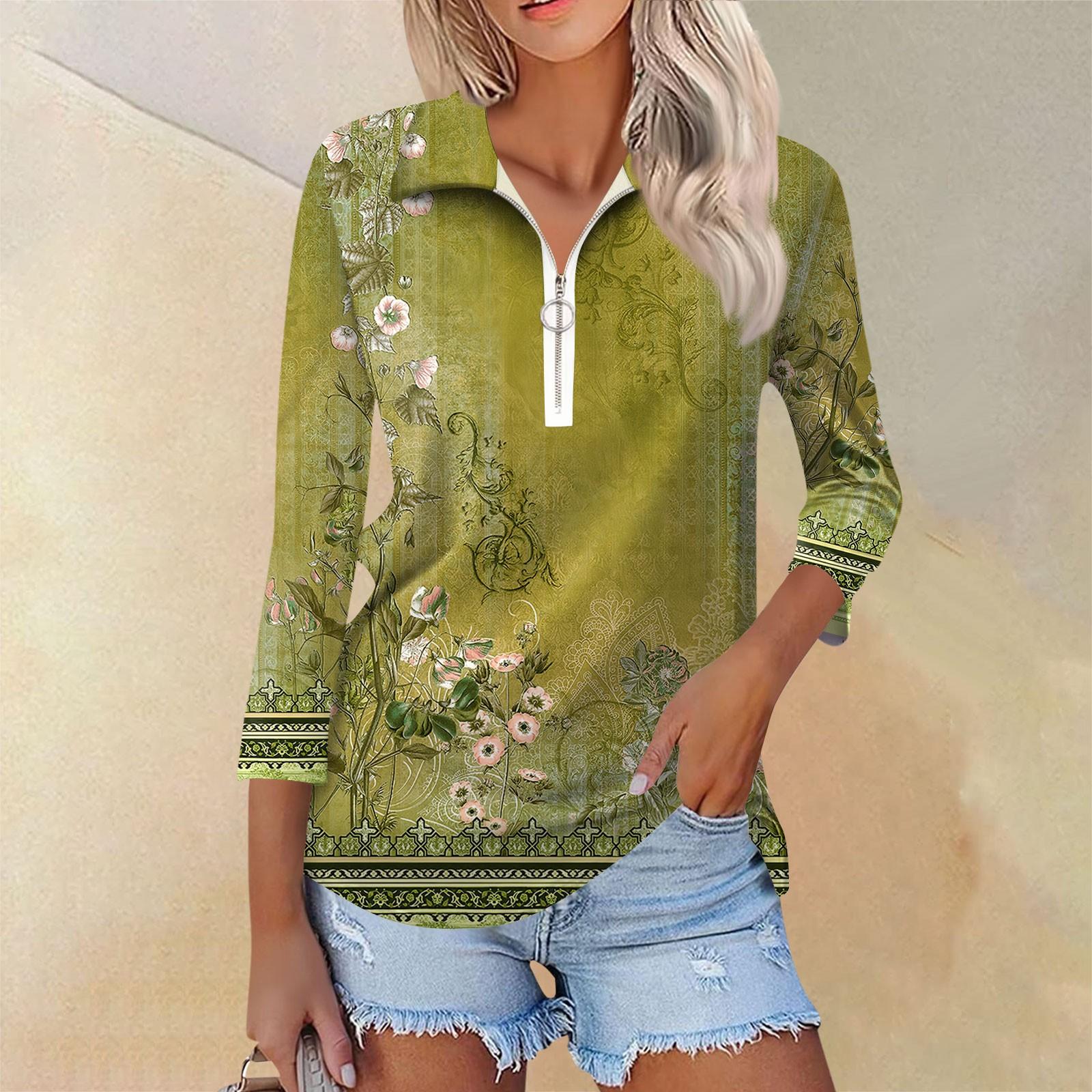 

Жіноча повсякденна футболка з V-подібним вирізом із сімома рукавами та квітковим принтом, пуловер на половині блискавки XL жовтий