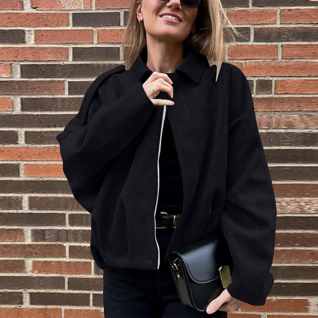 Women's Solid Color Fashionable Sleeve Long Sleeved Zipper Casual Top Jacket Jacket