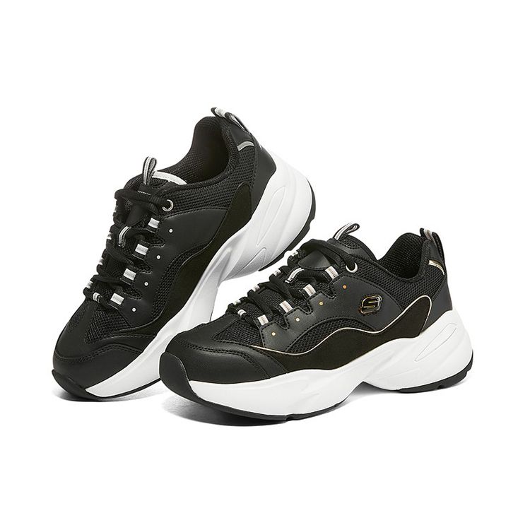 Skechers DLites Lace-Up Shock Absorbing Durable Breathable Low-Top Running Shoes Women Sneaker Black Gold 8730056-BKGD