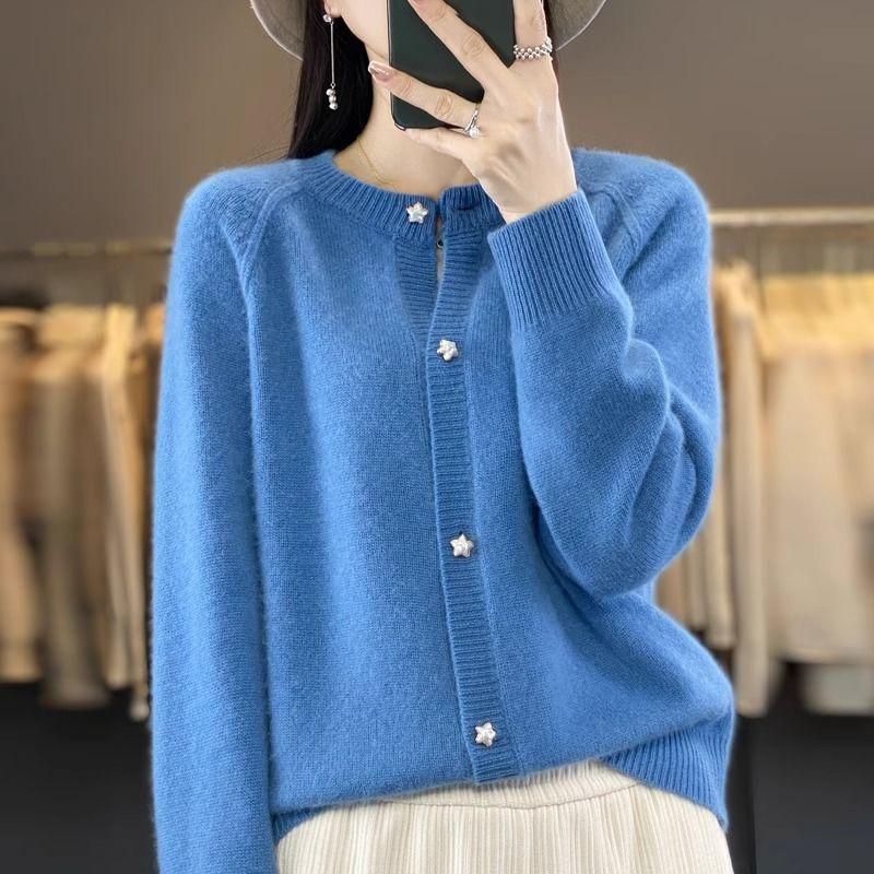 Knitted Sweater New Autumn Spring Cardigan Short Jacket Loose Top Women's Lazy Style Round Neck Star Button Knitted Sweater