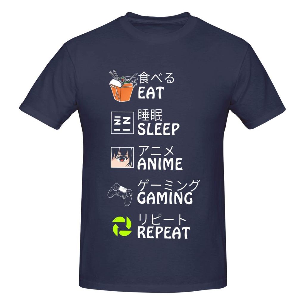 Unisex Eat Sleep Anime Gaming Repeat Funny T Shirt Vintage Cotton Crewneck Tshirts