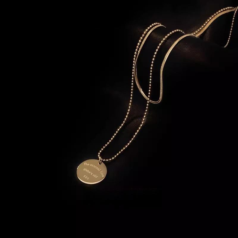 European and American Retro Niche Neck Chain Double-layer Stacked Round Brand Pendant Necklace Cold Titanium Steel Clavicle Chain