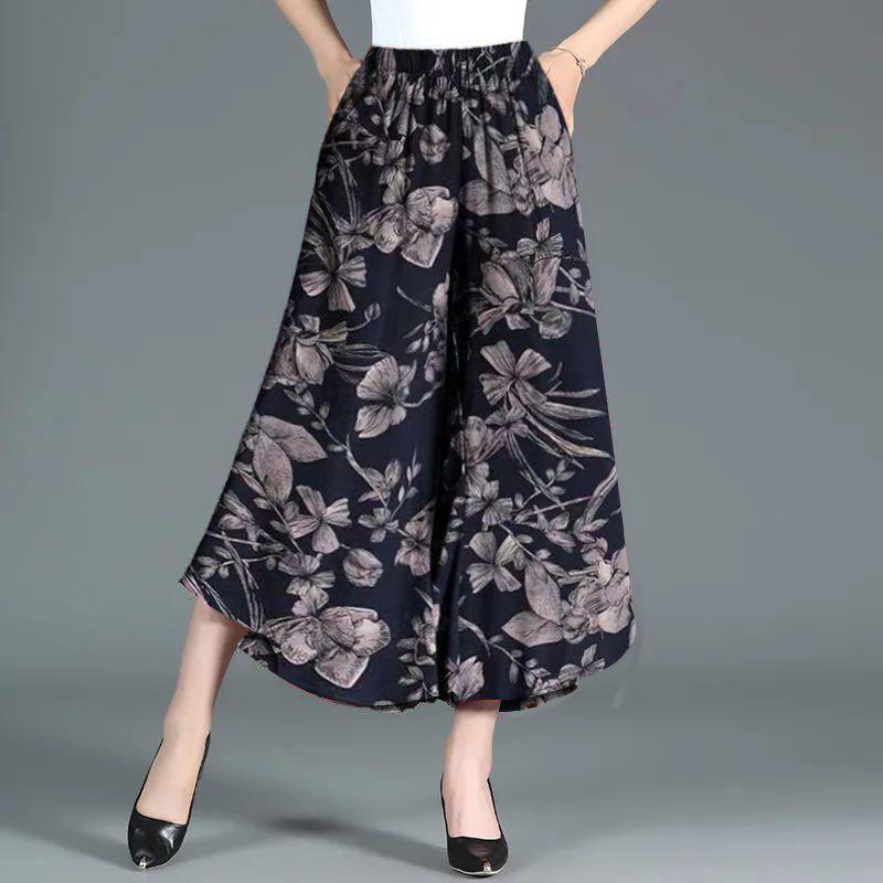 Women's Ice Silk Printed Wide-Leg Skirt Pants - Summer Slimming, Loose, Plus Size, Middle-Aged Fashion
