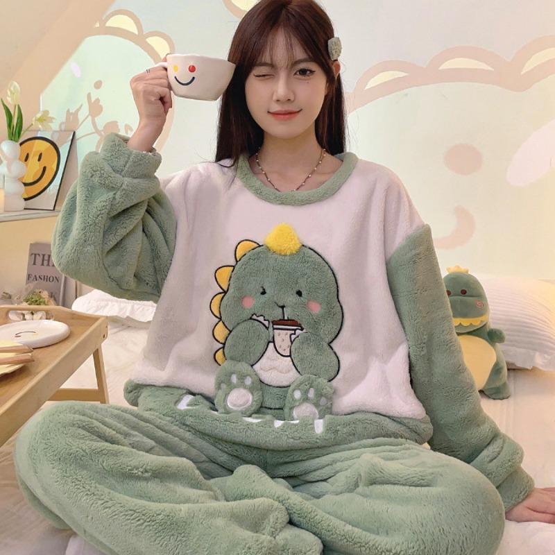 Thickened Warm Sleepwear for Winter Flannel Women Nightwear Homewear Ladies Cartoon Pajamas Loungewear Two-Piece Suit