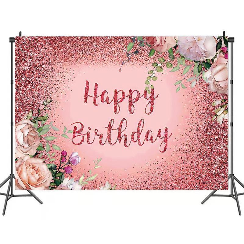 Pink Floral Happy Birthday Backdrop Background Kids Girls Vinyl Decoration 5x3ft 7x5ft 8x6ft