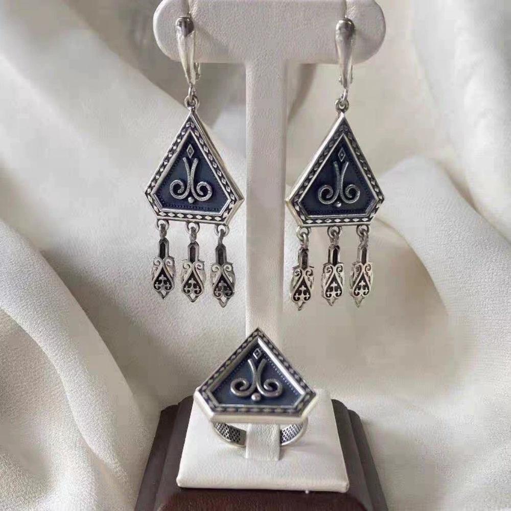 New Geometric Triangle Patterned Tassel Earrings Rings Unique Trend Retro Light Luxury Versatile Nomadic Ethnic Jewelry Gifts