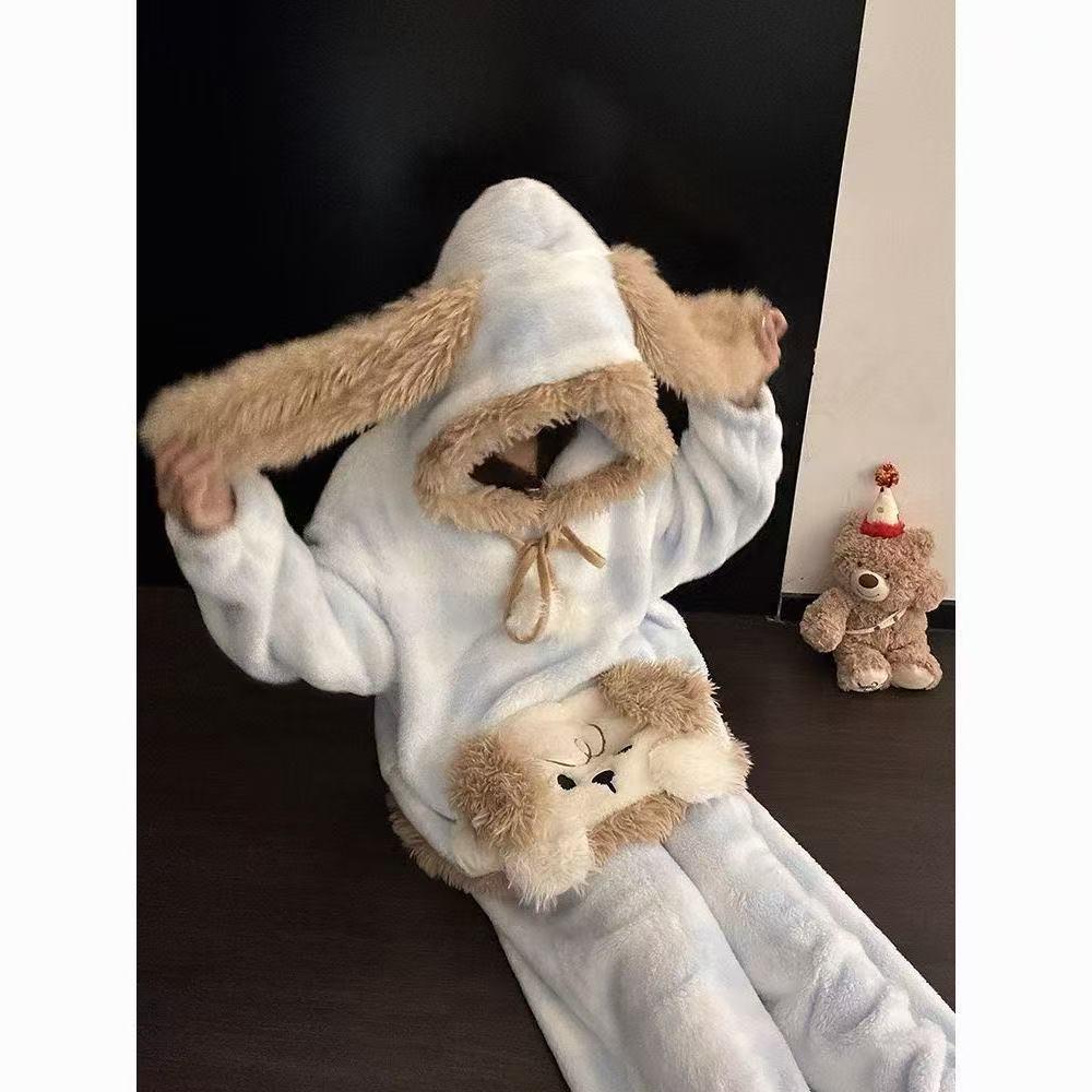 Damen Cartoon Welpen Fleece Schlafanzug Set - Warmer Kapuzen-Einteiler für den Winter