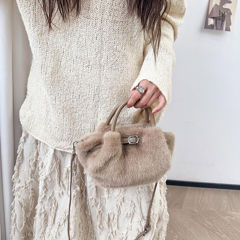 Women's Furry Handbag Retro Style Large-Capacity Fashionable Crossbody Bag Detachable Shoulder Strap Wing Shape Bag