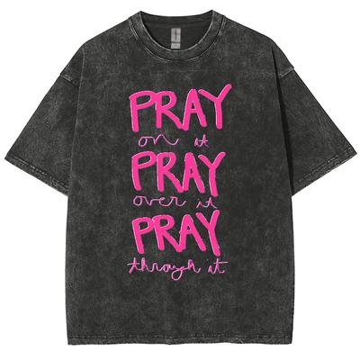 Růžové dámské tričko z praného denimu s potiskem písmen 'Pray', oversized, volné, s krátkým rukávem, párty móda, sladký cool dívčí top