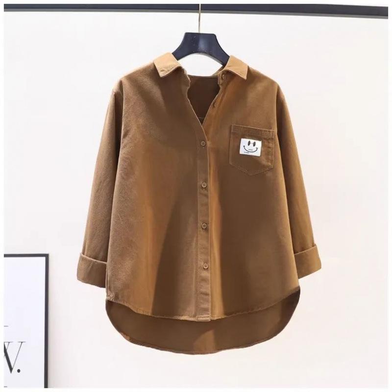 Smiling Pocket Shirt, Women's Long-sleeved Loose Casual Shirt, Women's Autumn and Winter Versatile Brushed Cardigan Top