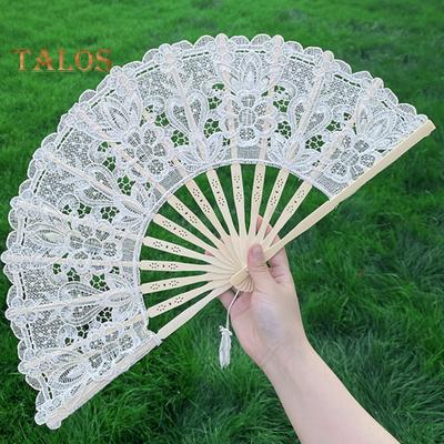 Ventaglio pieghevole in stile vintage con rifiniture in pizzo e ciondolo a nappa, elegante ventaglio portatile in tessuto e bambù, ventaglio a mano cavo per decorazioni per la casa per feste di matrimonio