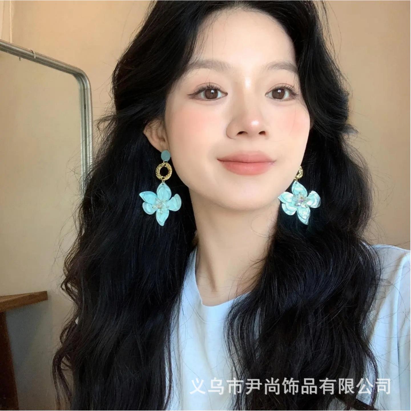 Spring Niche Blue Flower With Gold Ring Earrings, French Style Atmosphere Smart Earrings