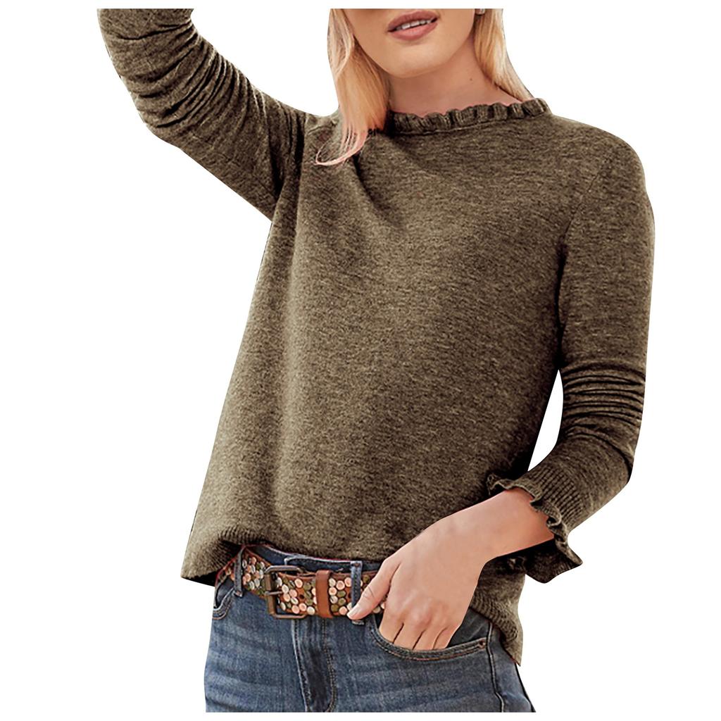 Women's Casual Color Ruffled Round Neck Loose Long-sleeved Woolen Top