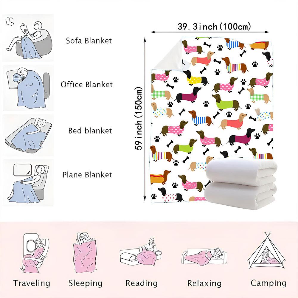 Dachshund Dog Print Blanket - Colorful, Whimsical Throw with Playful Dogs, Paw Prints & Bones, Ideal for Cozy Home Decor or G