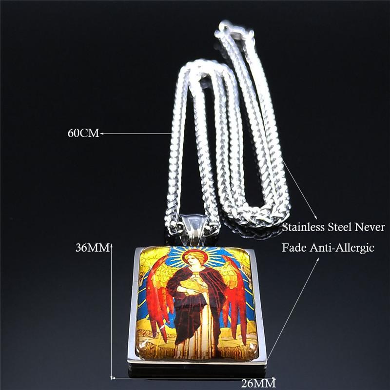 Archangel Saint Uriel Judaism Glass Stainless Steel Chain Necklace Silver Color Geometry Pendant Jewelry collier chaine NXS02
