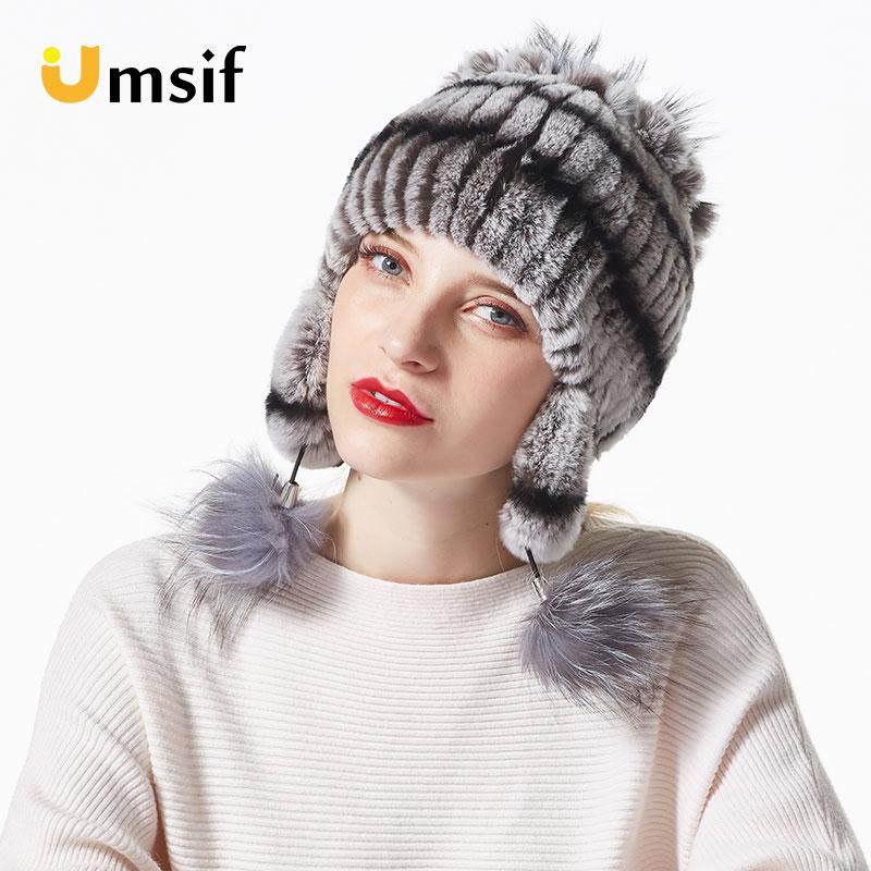 2019 Winter Bomber Hats for Women Rex Rabbit Fur Beanies Hat With Pompoms Women's Warm Knitted Hat Skullies Beanies Female Caps