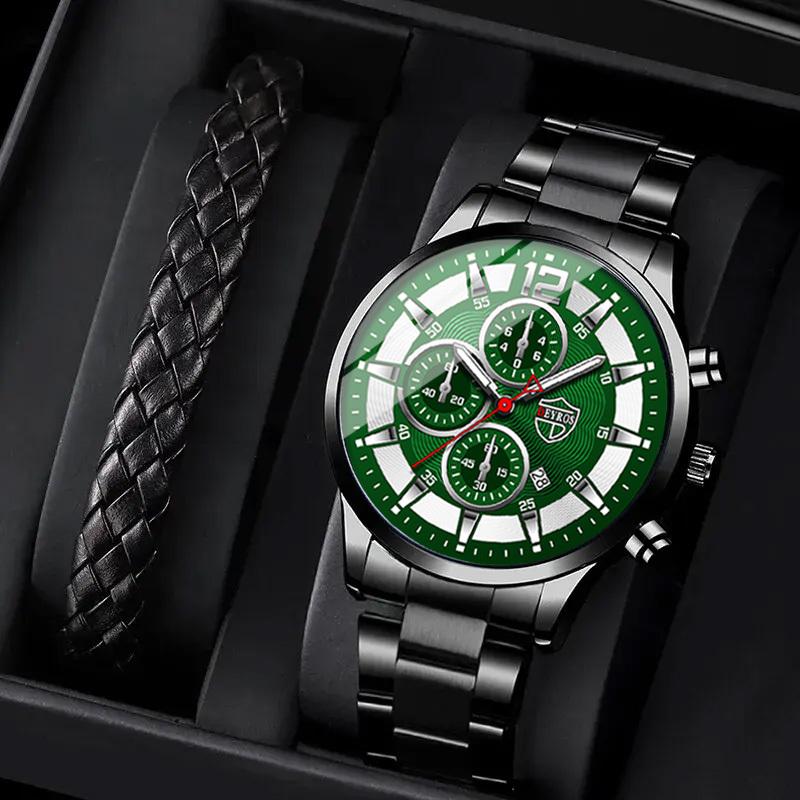 

Мужские модные часы-календарь DEYROS, мужские кварцевые часы и браслет со стальным ремешком и имитацией трех глаз, лучший выбор для подарков мужчинам