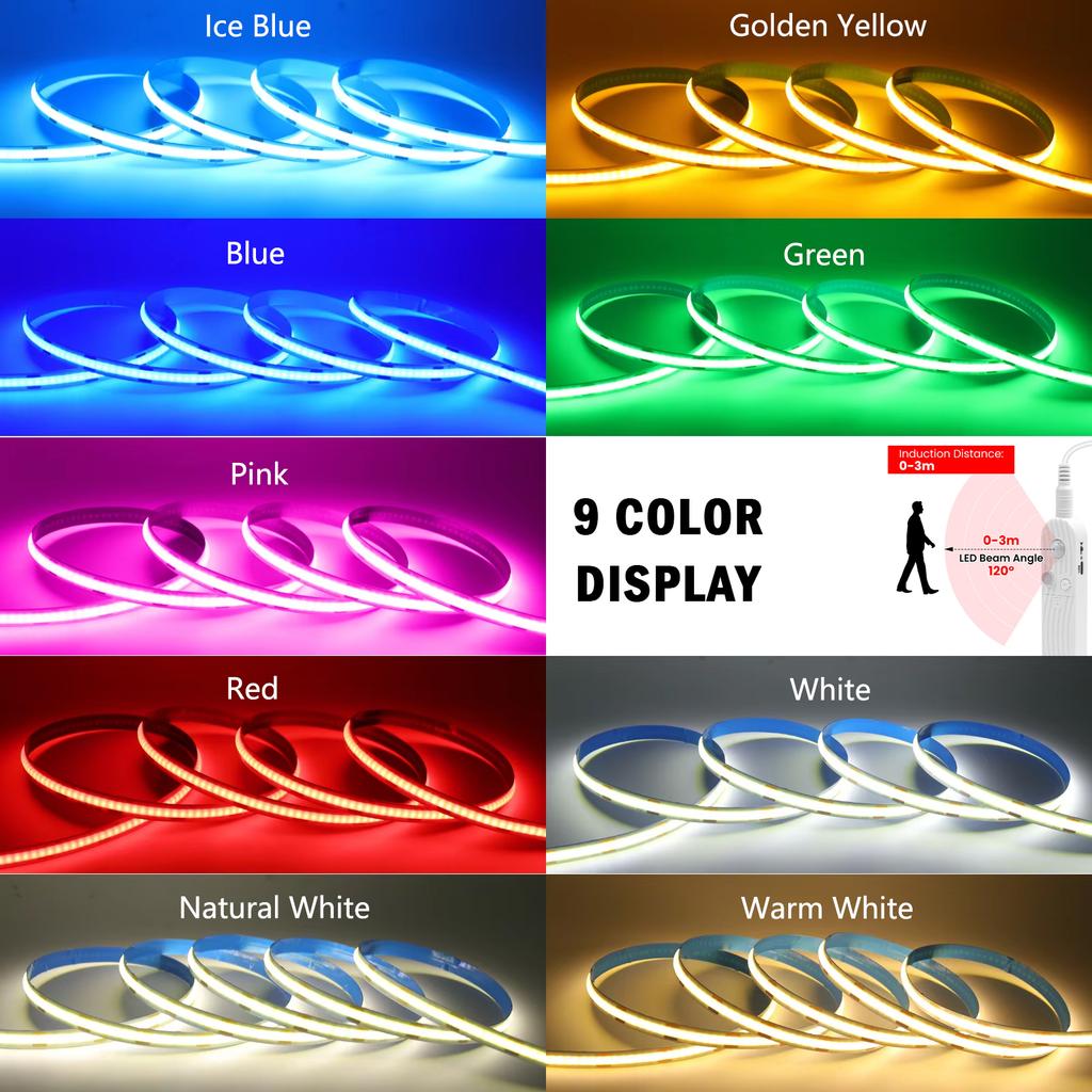 8MM COB Led Strip 5V with Motion Sensor Battery Powered 320LEDs/M Led Induction Night Light Warm White Red I Blue Green Yellow