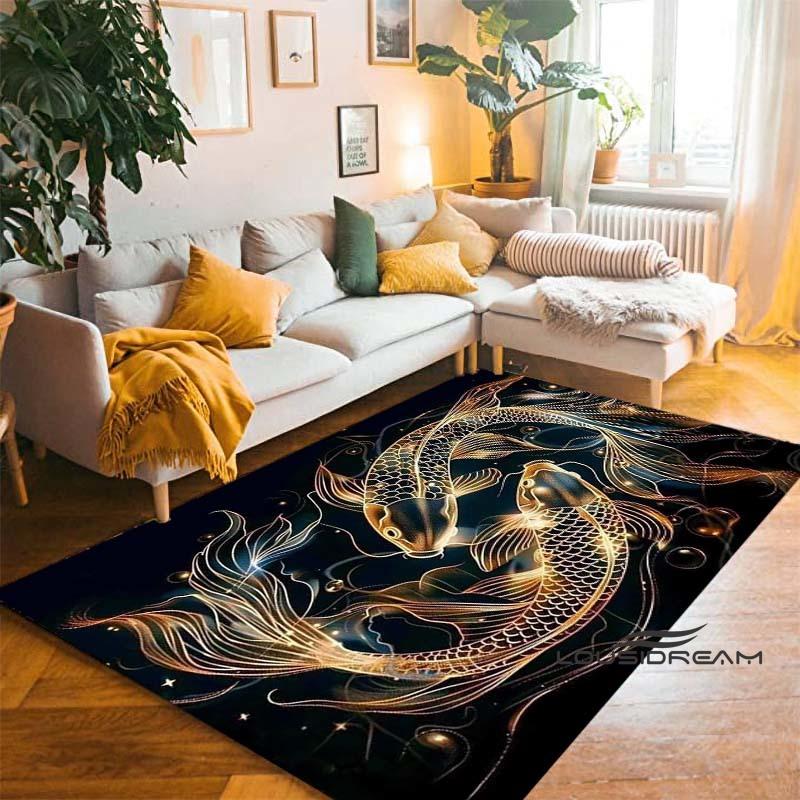 Tappeto Cartoon Lussuoso Pesce Koi Fortunato Yin Yang Carpa per Camera da Letto Soggiorno Divano Tappetino d'Ingresso Casa, Tappetino Pavimento Grande Antiscivolo per Bambini
