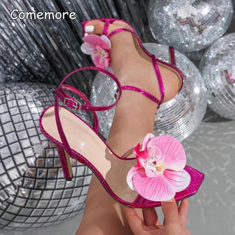 Women's Floral Heels Cross Ankle Strap Square Toe Stiletto Heeled Sandals Ladies Party Dress Shoes Zapatos De Mujer Blue Size 35