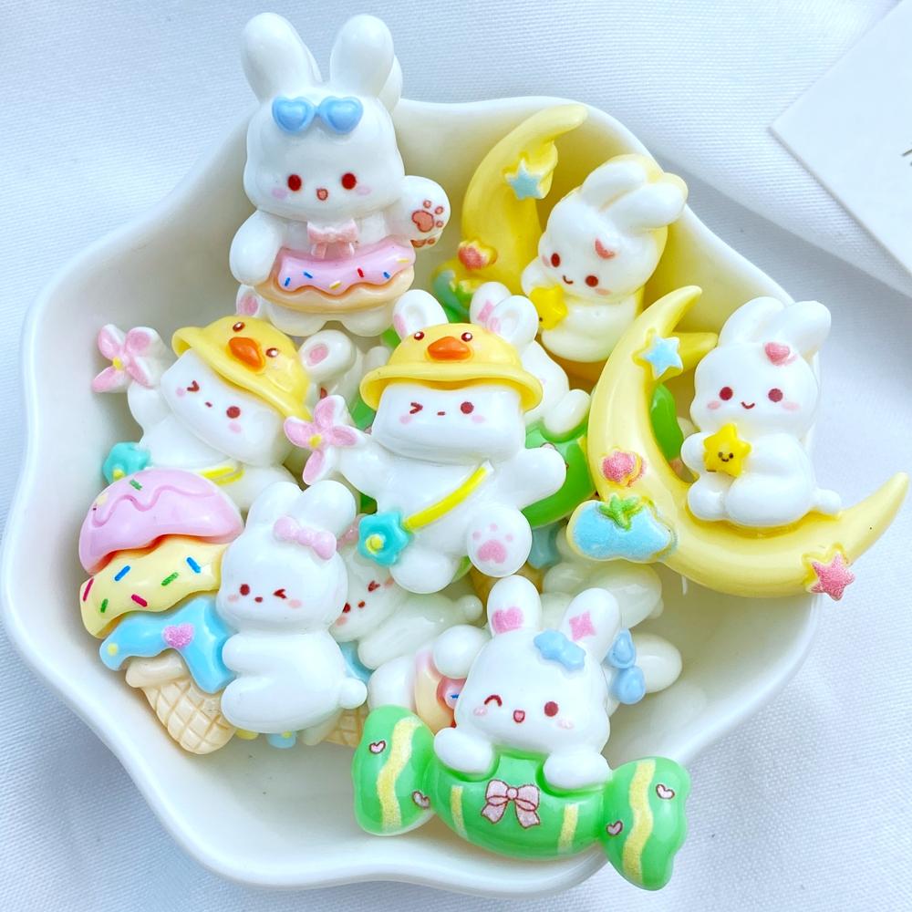 10Pcs New Cute Resin Cartoon Candy Ice Cream Rabbit Series Flat Back Parts Embellishments For Hair Bows Accessorie