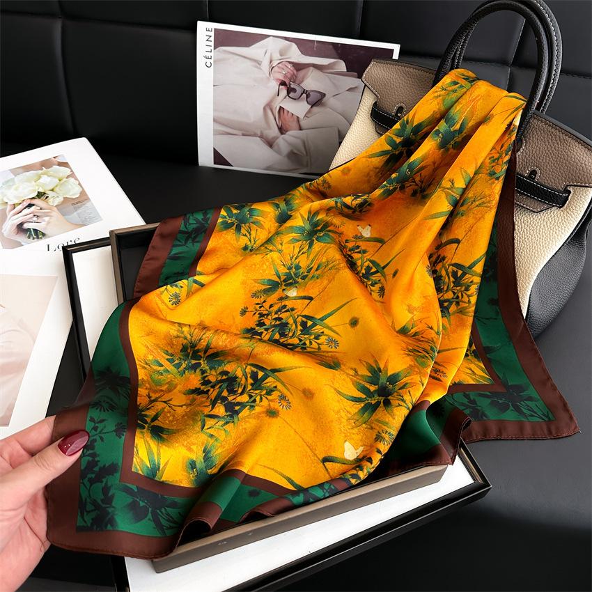 Elegant Purple Flower-Printed Silk Scarf Women Satin Neckerchief Versatile Headwear Bag Clothing And Accessories Square Scarf