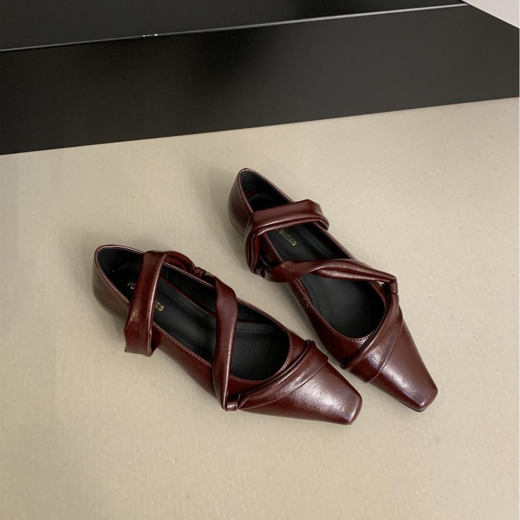 French Retro Ballet Shoes Single Shoes Women's Black Square Head Low Heel Loafers Soft Leather Soft Sole Mary Jane Shoes