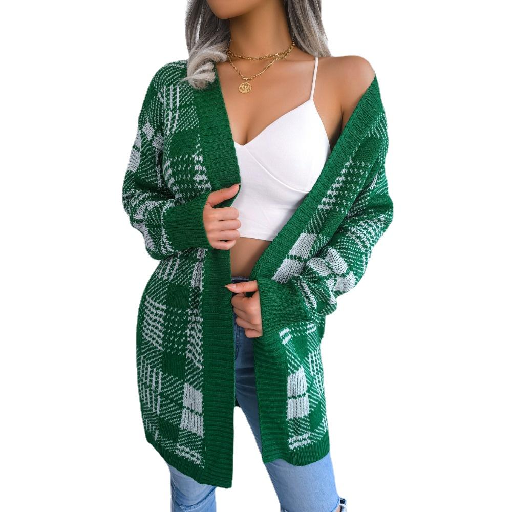 

GMXIA женские винтажные повседневные повседневные куртки с v-образным вырезом, осенне-зимние свободные куртки с длинными рукавами и клетчатый кардиган с рукавами-фонариками, пальто L зелёный