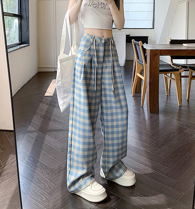 Women's Blue Check Wide-Leg Pants: High-Waist, Loose Fit, Summer Casual Design
