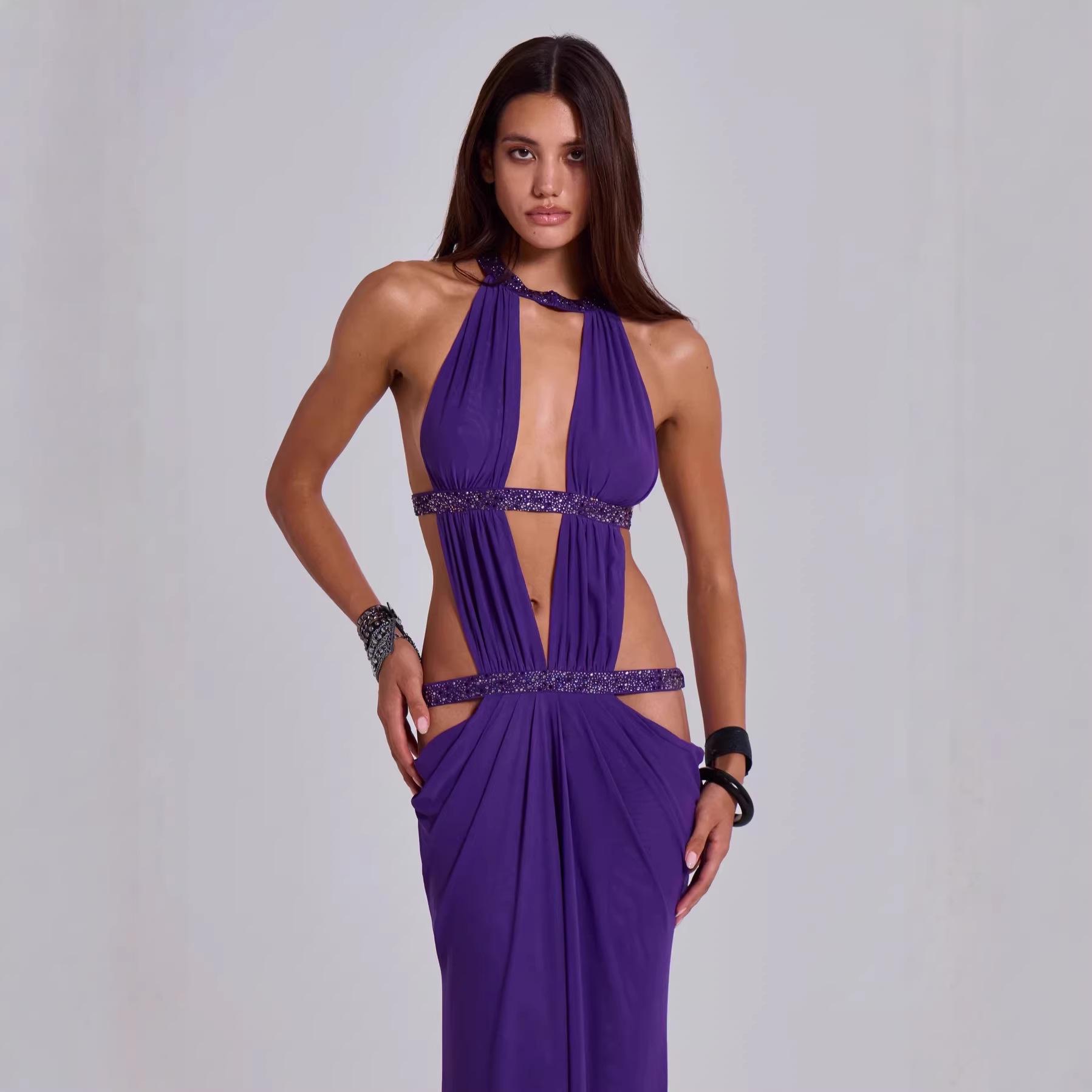 2026 Summer Sexy Women s Halter Backless Hollow-Out Evening Gown L фиолетовый