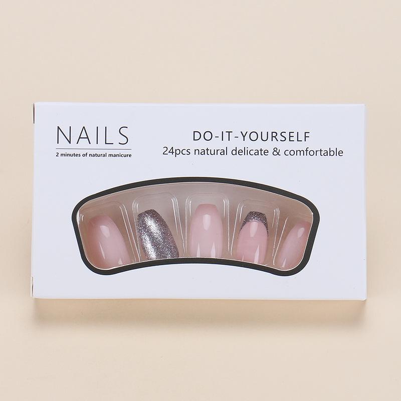 Short Pink Glitter Sweet False Nails with Jelly Glue