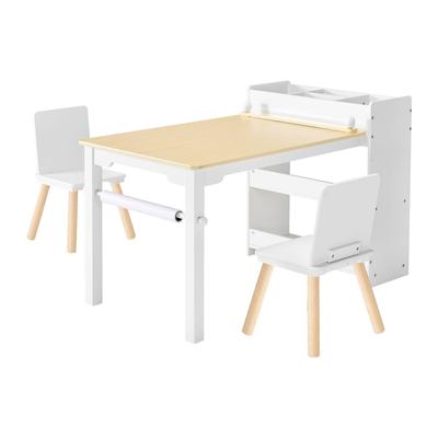 Kids Art Table and Chair Set, Toddler Craft Table with 3 Tiers Storage Cabinet, Wooden Kids Activity Play Desk with 2 Chairs, Art Craft Play Desk for
