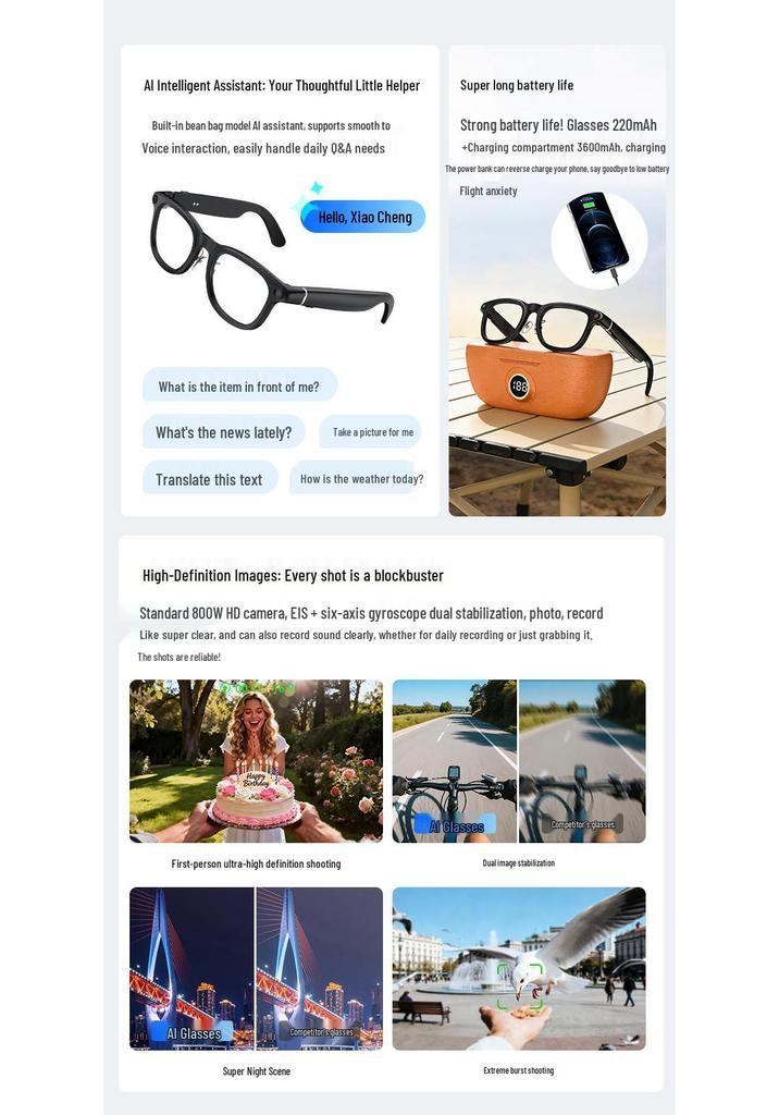 X01 HeyCyan 800W Anti-shake Smart Glasses with Bluetooth Calls, AI Voice, and Charging Case.