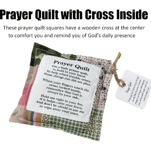 1PC Mini Pocket Prayer Quilt with Wood Cross ide, Handmade Comfort Square, Vintage Design, 3.94 x 3.94 inches
