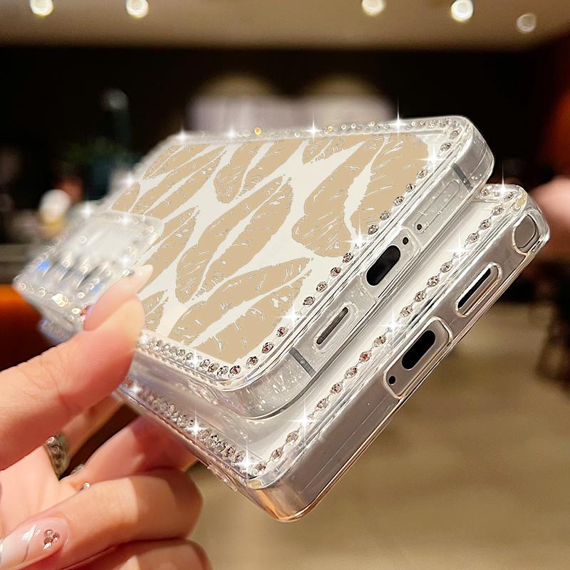 Diamond Frame Lips Print Soft Silicone Case For Samsung S25 Edge S24 FE S23 Ultra S22 A16 A56 A36 A15 A55 A35 Clear Shockproof Phone Cover
