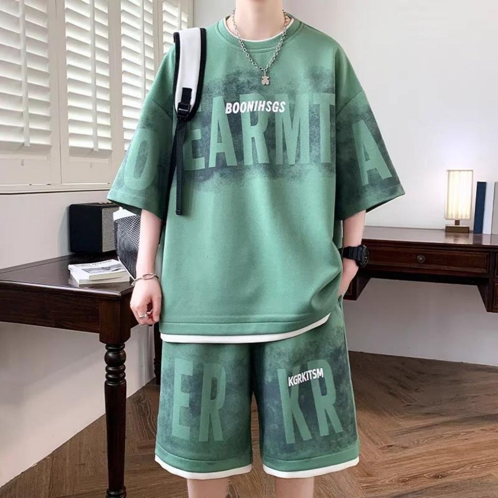 Summer Men's Fashion Personality Letter Printed Short Sleeved Shorts Two-piece Set Outdoor Sports Breathable T-shirt Set