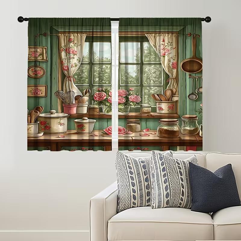 

2 шт. Штори з принтом кухонного пейзажу, підходять для декору спальні, вітальні, кухні, декору дому, декору вікна 14Wx39L(35x100CM)x2&Rod Pocket
