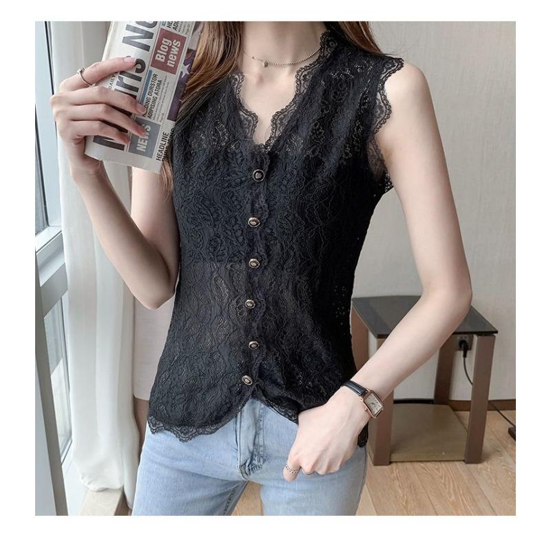 Women's Lace V-Neck Tank Top Button-Down Sleeveless Slim-Fit Vest