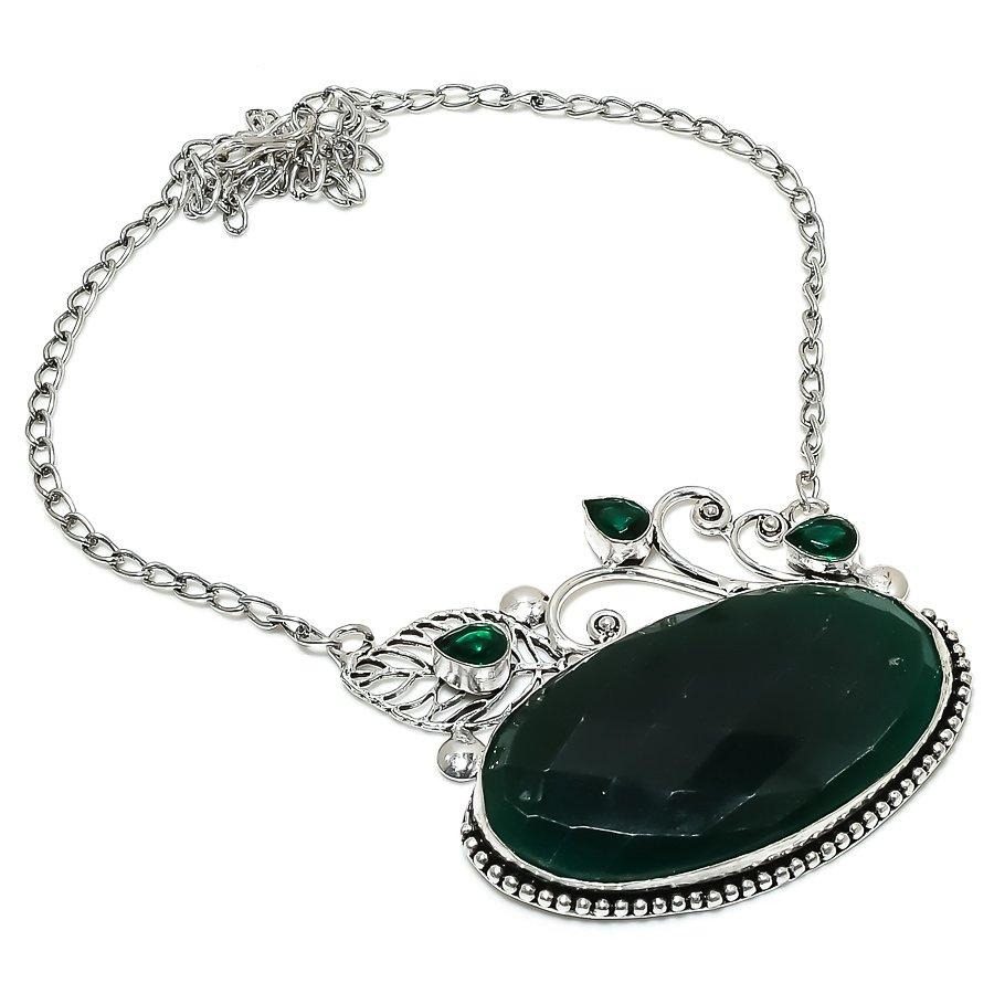 Emerald  Natural Diopside Gemstone 925 Sterling Silver Necklace 18" Y1r47