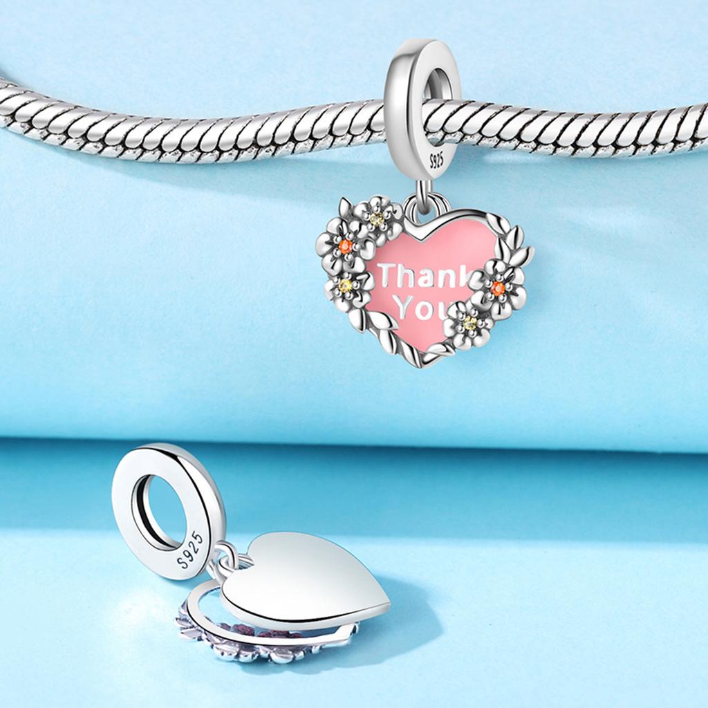 Real Copper Pink Heart-Shaped Flower Pendant Beads Fit Original Bracelet For Women Jewelry Gifts Accessory