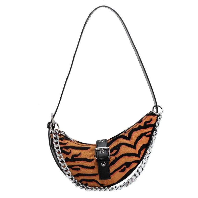 Hot Girl Style Fashion PU Compact Half Moon Shoulder Bags 2026 New Tiger Stripes Chains Sense of Luxury Crossbody Bags for Women