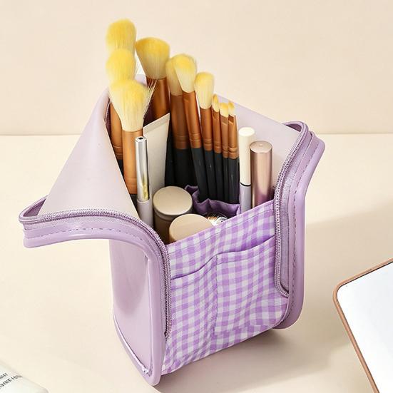 Bolsa de Armazenamento para Pincéis de Maquiagem, Organizador Vertical à Prova d'Água em Couro PU, com Janela Fosca, Porta-Retrato Portátil para Viagem