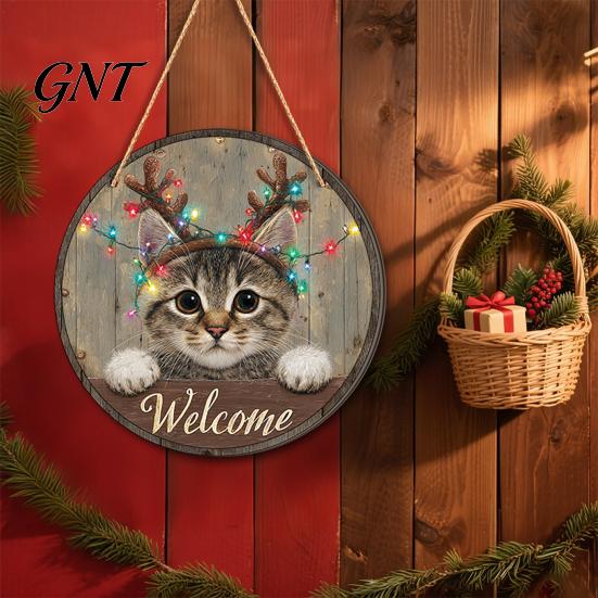 Front Entrance Decoration Wooden Christmas Welcome Sign, Animal Round Hanging Door Decor, Pet Theme Farmhouse Ornament for Window Garden Holiday Decor
