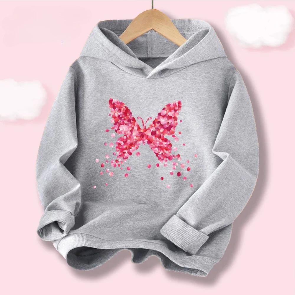 New Fashionable Pink Petal Butterfly Hoodies for Girls Spring Autumn Hooded Sweatshirt, Soft Cotton Children's Top HDHB1